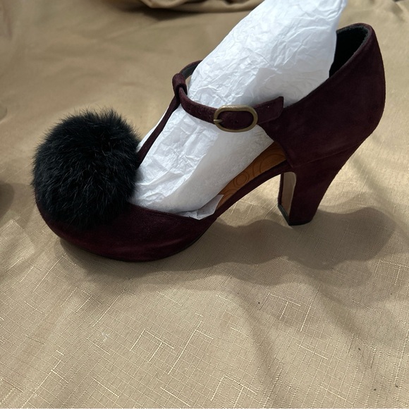 Chie Mihara Burgundy Suede Pompom Platform Heels Sz 7 (37.5) - Picture 3 of 13